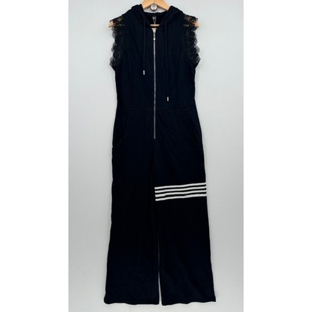Oyrosy Hooded Jumpsuit Womens Large Black Lace Trim Stripe Goth Sporty Edgy NEW